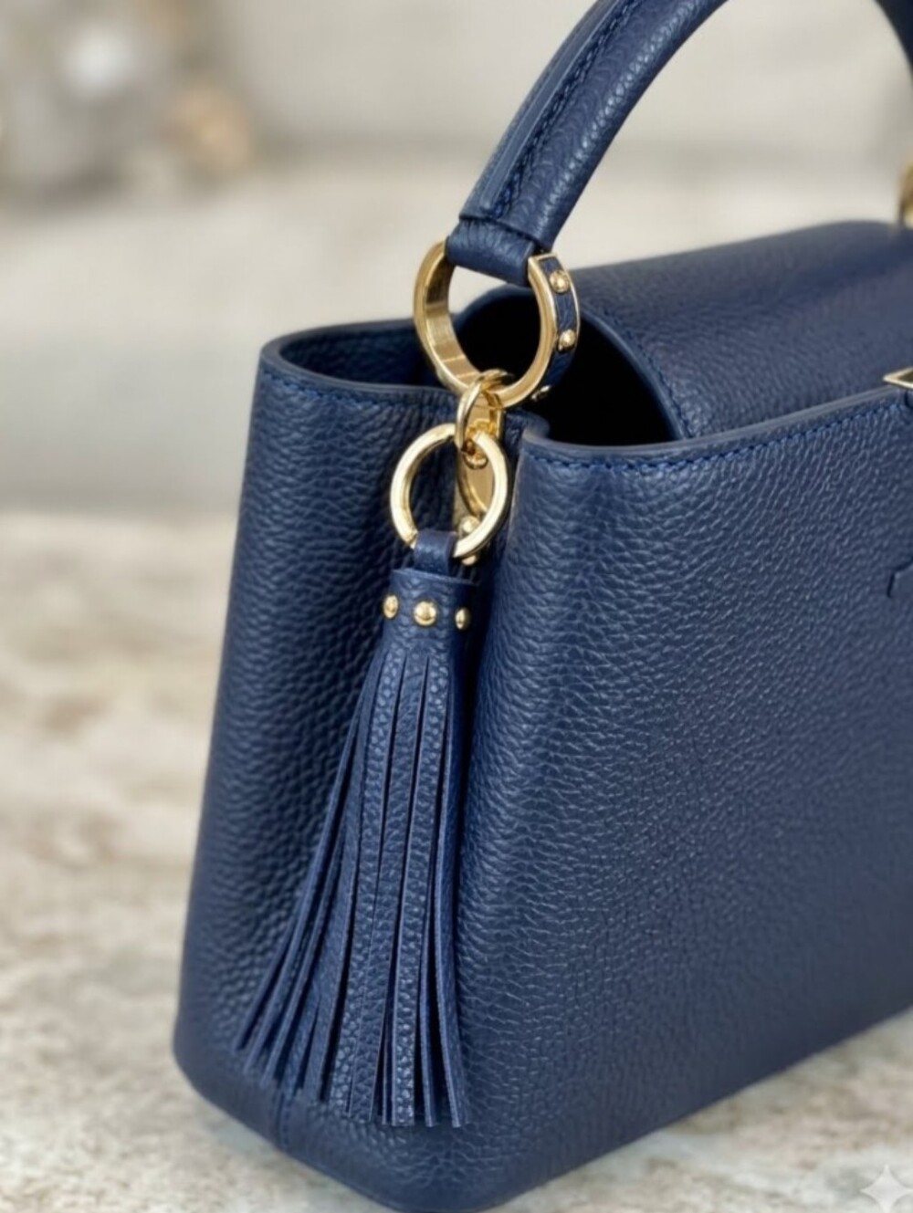 Blue Faux Leather Tassel Keychain Gold Stud Accents Gold Ring